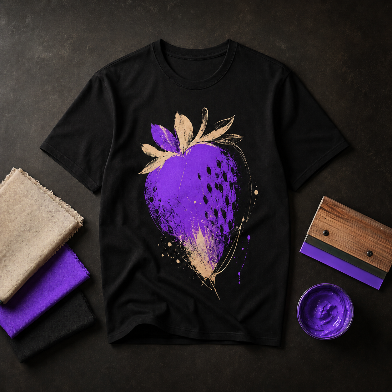 Mockup de camiseta preta com estampa autoral roxa
